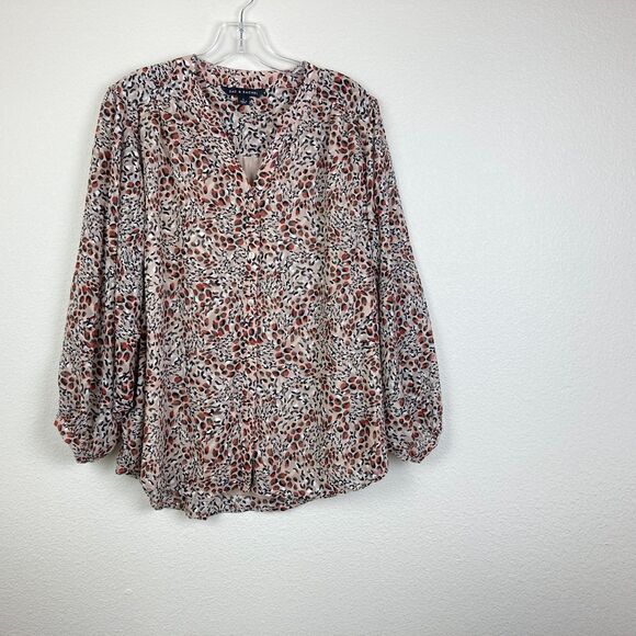 Zac & Rachel Women's V-Neck Button Down Blouse Size L Cream Brown 3/4 Sleeves - Picture 2 of 9